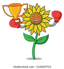 Boxing winner sunflower mascot cartoon style