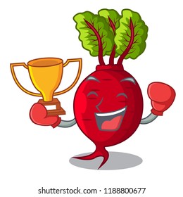 Boxing winner whole beetroots with green leaves cartoon