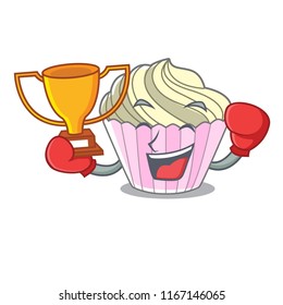 Boxing winner yummy meringue cake on mascot cartoon