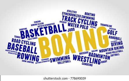 Boxing. Word cloud, blue text, grey gradient background. Summer sports.