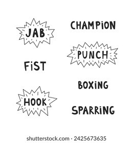 Boxing words and phrases lettering set. Handwritten sport text collection. Black colored terms for boxers in modern comic style. Vector illustration