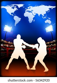 Boxing with World Map on Stadium Background Original Illustration