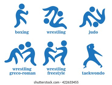 boxing, wrestling, wrestling greco-roman, wrestling freestyle, taekwondo, judo sport icons