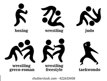 boxing, wrestling, wrestling greco-roman, wrestling freestyle, taekwondo, judo sport icons