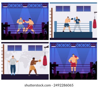 Boxing-themed vector illustration set. Scenes depict boxers sparring in the ring, training in the gym, and performing for a crowd. Captures the sport's competitive spirit and intensity