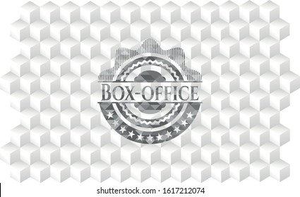 Box-office retro style grey emblem with geometric cube white background
