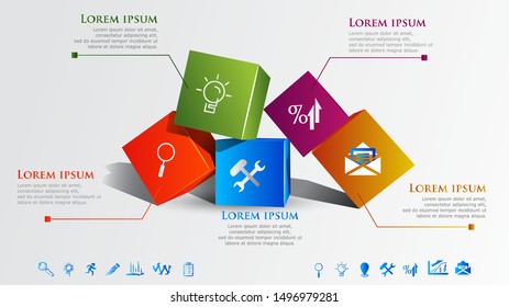Box-shaped 3D infographics. 
Can be used for process diagram, presentations, workflow layout, banner, flow chart, info graph.
Modern concept design template with 5 options, steps or parts.