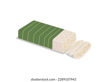 Box-shaped raw tempe wrapped in banana leaves. Indonesian food made from fermented soybeans. Isolated on white background. Flat style.