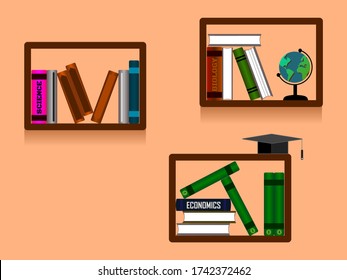 A box-shaped vector bookshelf with many books and a globe as well as a graduation hat. With orange walls