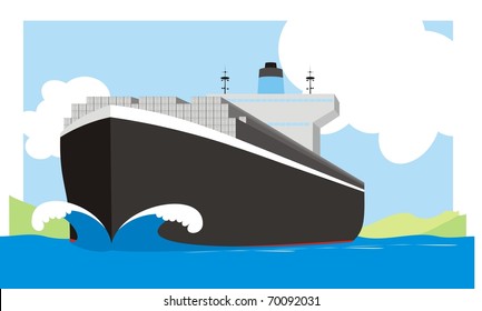 Boxship steaming at full spead - A container vessel with a huge bow wave colorful vector illustration