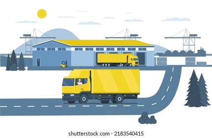 Boxtruck with driver and pre-port warehouse. Vector illustration.