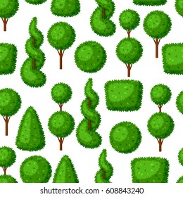 Boxwood topiary garden plants. Seamless pattern with decorative trees.