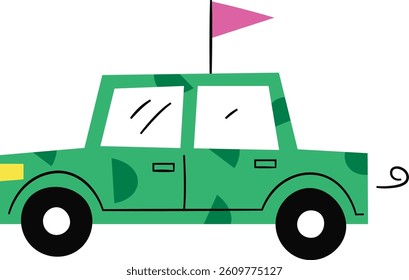 A boxy car with a pink flag on top and a playful exhaust swirl in a simple cartoon style. The vehicle has geometric patterns and bold lines giving it a fun appearance. Cartoon vector illustration.
