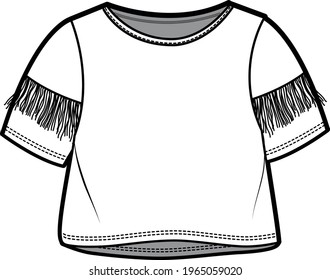 Boxy crop top with fringe on sleeve flat sketch illustration