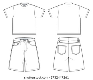 Boxy Cropped T-Shirt and Relaxed Denim Shorts Technical Fashion Illustration. Contemporary Streetwear Co-Ord Set with Drop Shoulder Fit. Front and Back Views. Unisex CAD Mockup.