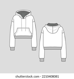 Boxy fit crop hoodie kangaroo Pocket drawstring drop shoulder long Sleeve with cuffs Fashion technical drawing flat sketch drawing template