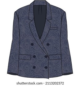 BOXY FIT NOTCH COLLAR DOUBLE BREASTED PAISLY PRINT CASUAL BLAZER FOR WOMEN CORPORATE WEAR VECTOR