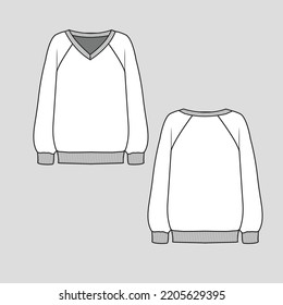 Boxy Fit Raglan Sweatshirt V Neck Ribbed  Hem Winter Fashion Flat Sketch Technical Drawing Template