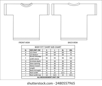 Boxy fit t shirt flat sketch with size chart for manufactring