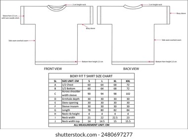 boxy fit t shirt mockup, t shirt size chart, t shirt tech pack