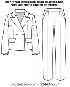 BOXY FIT WIDE NOTCH COLLAR  DOUBLE BREASTED BLAZER PAIRED WITH PLEATED CIGARETTE FIT TROUSERS EDITABLE FILE