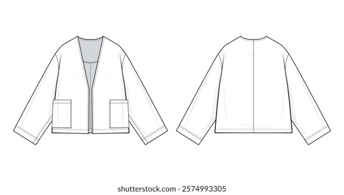 Boxy Open-Front Jacket Technical Fashion Illustration. Minimalist Cropped Jacket with Front Patch Pockets Vector Template. Relaxed Fit. Women’s Wear. CAD Mockup set.