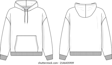 Boxy oversized fit hoodie sweatshirt flat technical drawing illustration mock-up template for design and tech packs men or unisex fashion streetwear CAD blank.
