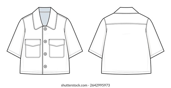 Boxy Short-Sleeve Shirt Technical Fashion Illustration. Button-Up Shirt Vector Template. Dual Chest Pockets with Flaps. Wide Collar. Relaxed Fit. Cropped Length. Front and Back View. Shirt CAD Mockup.