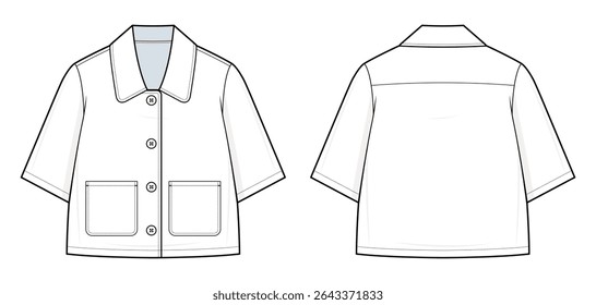 Boxy Short-Sleeve Shirt Technical Fashion Illustration. Cropped Shirt with Patch Pockets Vector Template. Front and Back View. Button-Up Closure. Wide Collar. Women’s Top. CAD Mockup set.