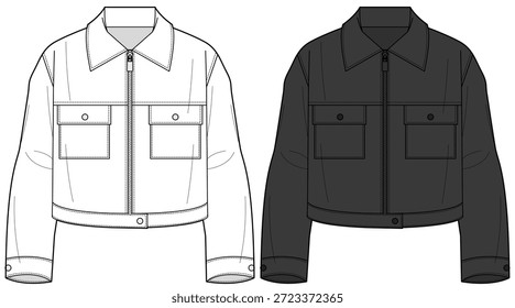 boxy zipped blouson jacket flat sketch vector illustration technical cad drawing template