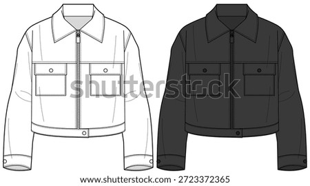 boxy zipped blouson jacket flat sketch vector illustration technical cad drawing template