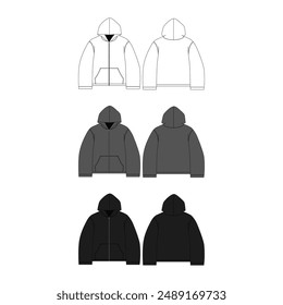 Boxy Zipper Hoodie Flat Vector Mockup Template Boxy Zipper Hoodie Apparel Mock-up Template Vector Clothing Boxy Zipper Hoodie CAD Design Blank Boxy Zipper Hoodie Technical Drawing Vector Fashion