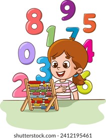 Boy with abacus and numbers. Vector illustration of a child learning math.