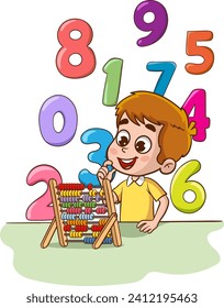 Niño con abaco y números. Ilustración vectorial de una matemática de aprendizaje infantil.