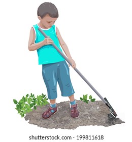 A boy of about five years old, raking the soil in the garden.