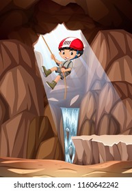 Boy abseiling into cave illustration