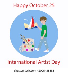 Boy with an abstract picture, seascape, portfolio with paints - vector illustration. International Artist's Day. Creative art.