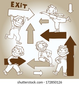 Boy in action with arrow direction. Exit. .Back to School isolated objects on white background. Great illustration for a school books and more. VECTOR. Editorial. Education. Advertising. Board. 