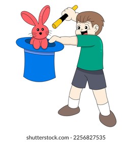 boy is in action being a magician taking out a rabbit from a hat. vector design illustration art