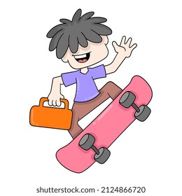 Junge ist in Aktion Skateboarden, Vektorgrafik. doodle Symbol-Bild kawaii.