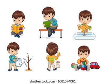 Boy activities collection, child reading book, playing with toys, watering tree and bushing teeth holding cup and toothbrush, vector illustration