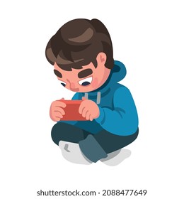 Boy Addicted to Gadget Sitting with Console and Playing Video Game Vector Illustration