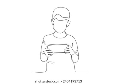 Un niño adicto a los juegos en línea. Dibujo de una línea de adicción al teléfono móvil