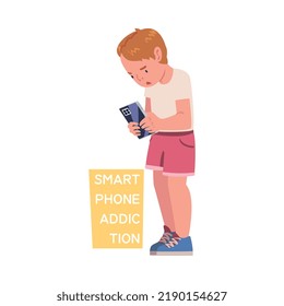 Boy Addicted to Smartphone Playing Video Game with Gadget Vector Illustration