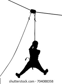 Boy In Adventure Park Rope Ladder. Silhouette Adventure