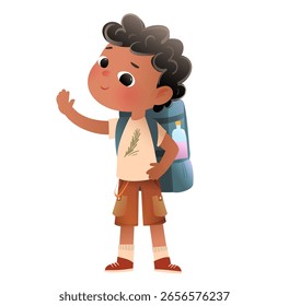 Boy Adventurer Exploring Outdoors with Backpack. Childhood adventures and children outdoors activities. Little boy on a hiking journey with backpack. Cartoon character vector illustration for kids.