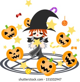 A boy advocates magic on magic square. A jack-o-lantern appeared with sweets.