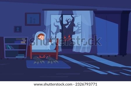 Boy is afraid of dar and monsters under bed, cartoon flat vector illustration. Child sitting on bed, hiding in blanket and shaking. Children phobias concept. Frightened and terrified kid.