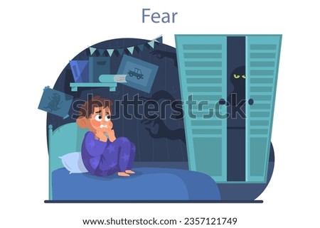 Boy is afraid of dark and monsters in his closet. Scared child sitting on bed, hiding in blanket and shaking. Frightened and terrified kid in his room. Flat vector illustration