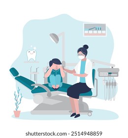 Boy afraid dentist appointment. Female character examines child teeth for caries, disease. Concept of children fears and phobias in dentistry. Dental office interior design. flat vector illustration